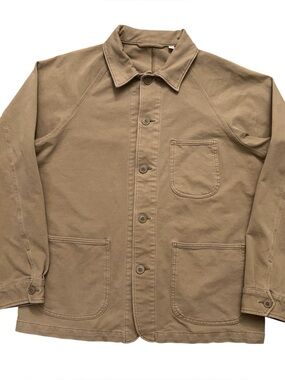 Uniqlo Knitted Overshirt Chore Jacket Mens M Long Sleeve Stretch Pocket Beige